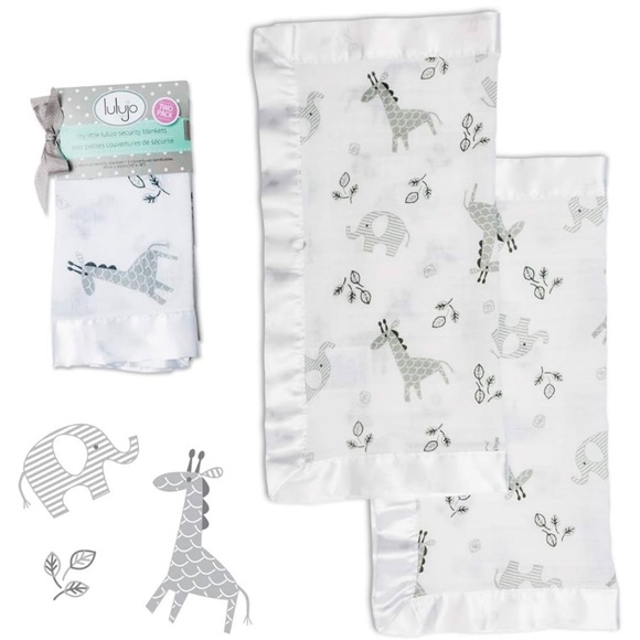 lulujo Baby Security Lovey Blanket Unisex Muslin Silky Satin trim jungle animal - Picture 1 of 7